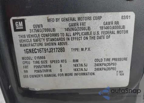 2001 Chevrolet Suburban 1500 Lt from USA, damaged, VIN 1GNEC16T91J217280